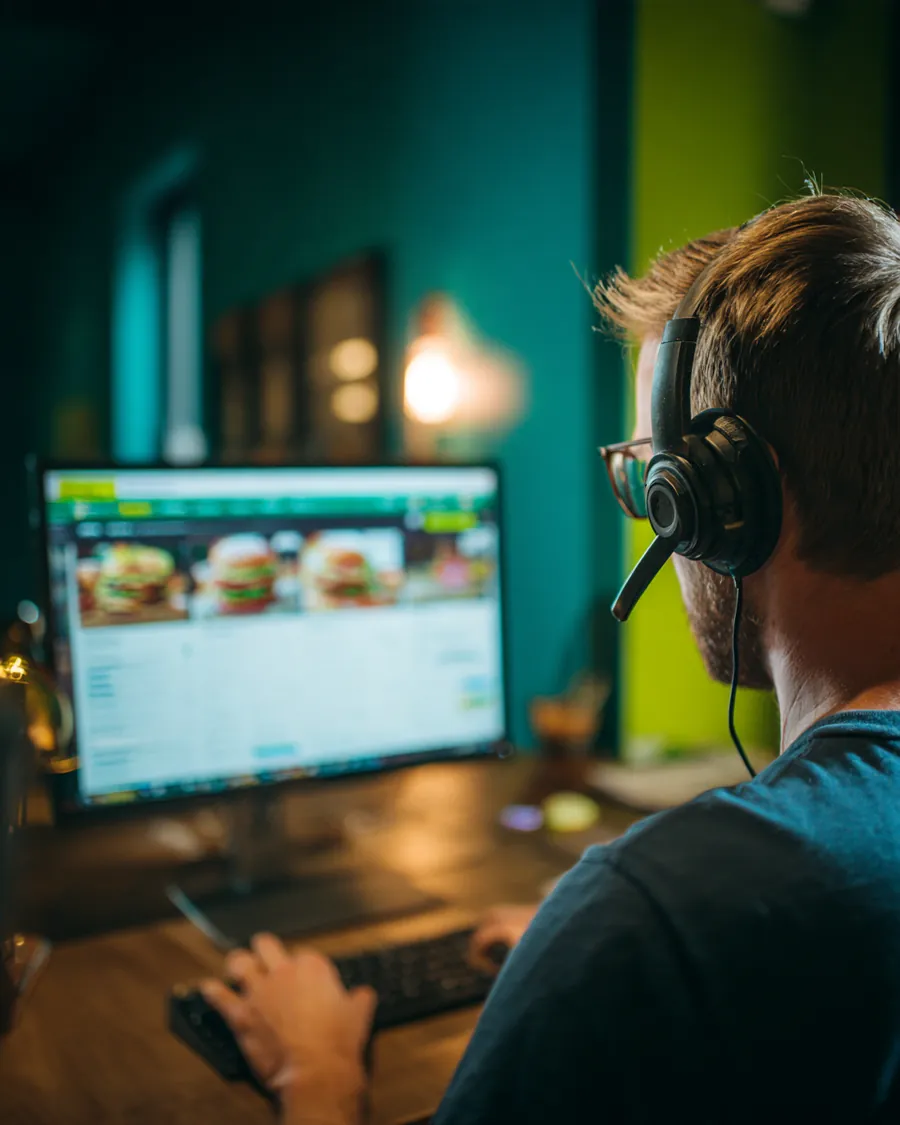 Opérateur Call2Eat avec casque devant un écran de prise de commande